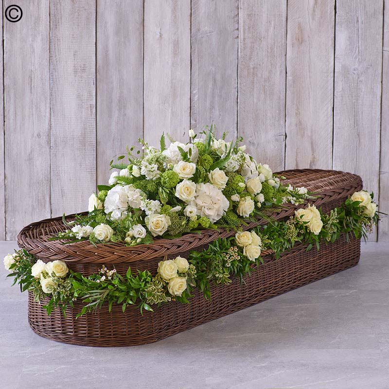 White Casket Spray with White Rose Garland