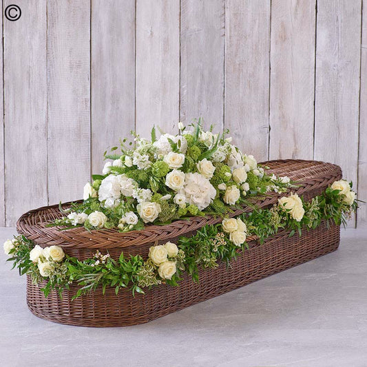 White Casket Spray with White Rose Garland